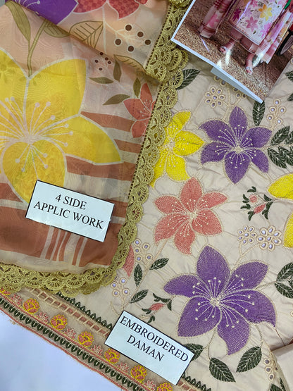 Aneelas  Emborided Lawn Chikenkari With Silk Duppata 3pc Unstiched