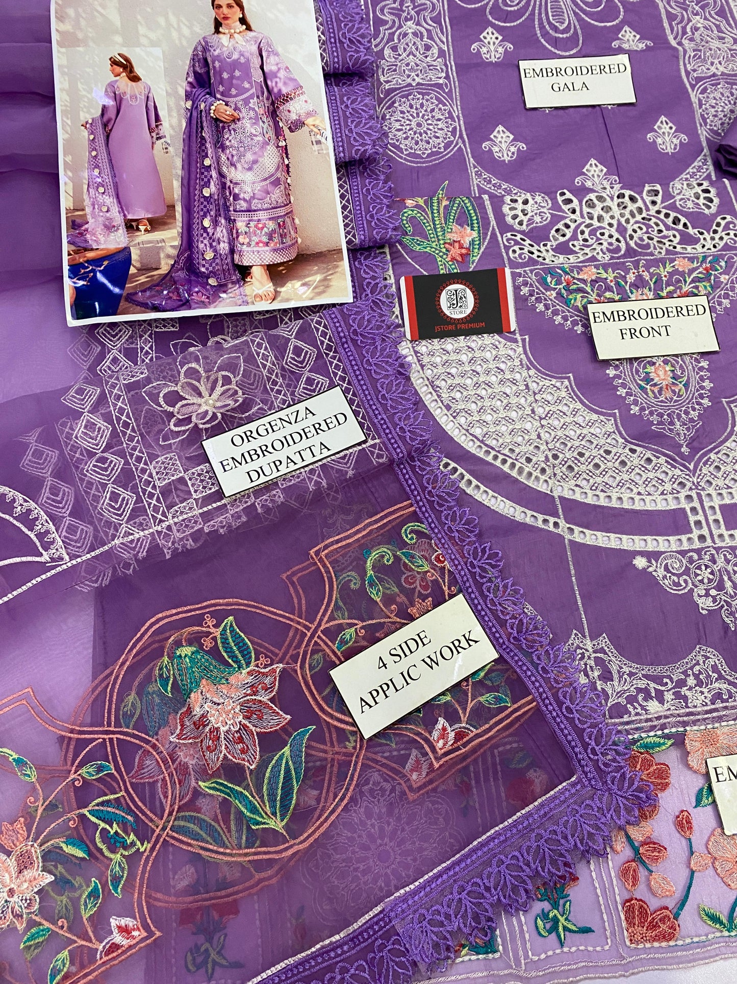 BIN ILYAS| PURPLE CHIKENKARI WITH ORGENZA  DUPATTA  |3PC UNSTICHED
