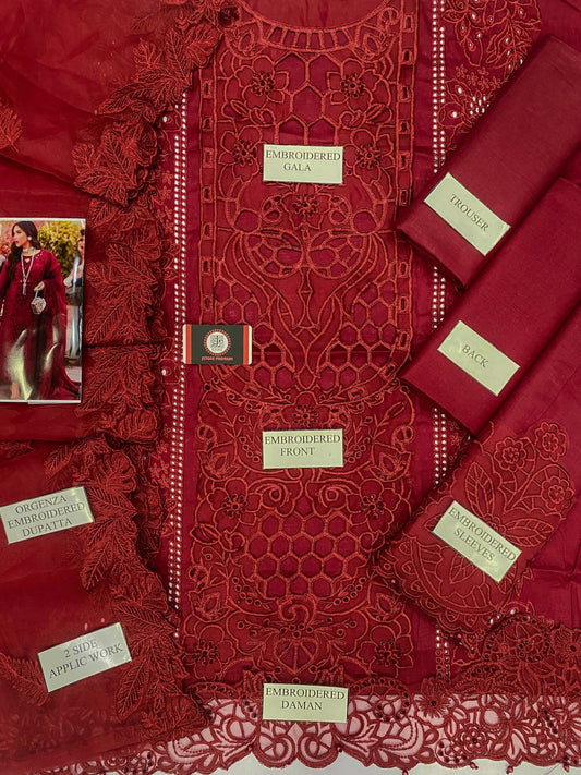 BIN ILYAS| RUBY ROYAL CHIKENKARI WITH ORGENZA EMBROIDED DUPATTA  |3PEC UNsTICHED