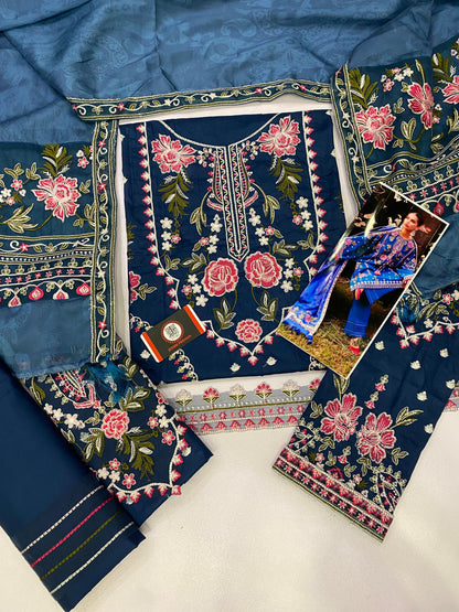 SADAF FAWAD KHAN ROYAL BLUE |LAWN  WITH DIGITAL PRINT SILK DUPATTA  |3PC UNSTICHED