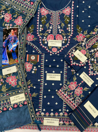 SADAF FAWAD KHAN ROYAL BLUE |LAWN  WITH DIGITAL PRINT SILK DUPATTA  |3PC UNSTICHED