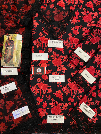 ANEELA LAWN BLACK LOVE |  WITH CHIFFON DUPATTA  |3PEC UNsTICHED