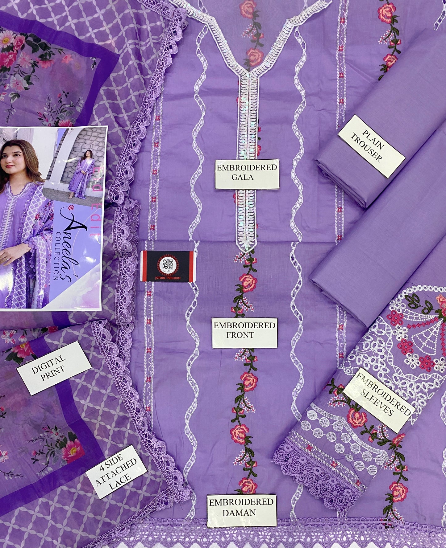 ANEELA CHIKENKARI NOOR | CHIKENKARI  SILK DUPATTA  |3PC UNSTICHED