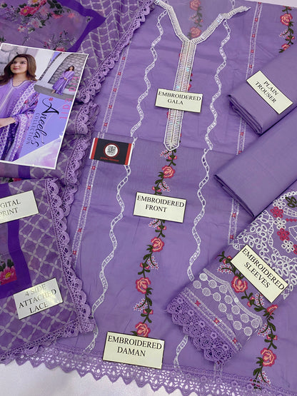 ANEELA CHIKENKARI NOOR | CHIKENKARI  SILK DUPATTA  |3PC UNSTICHED