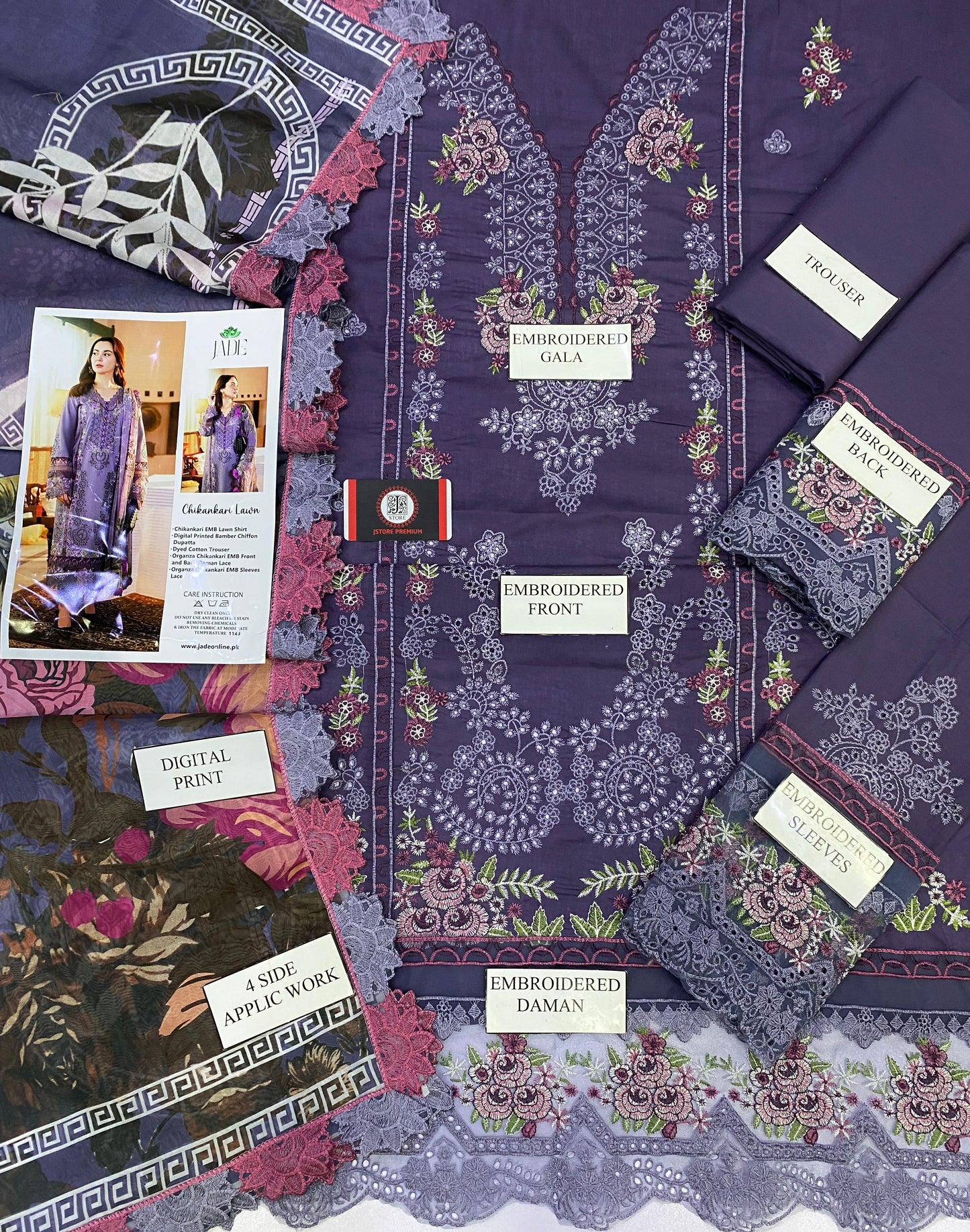 JADE BANAFSHAH CHIKENKARI | EMBROIDED SILK DUPATTA | 3PC UNSTICHED