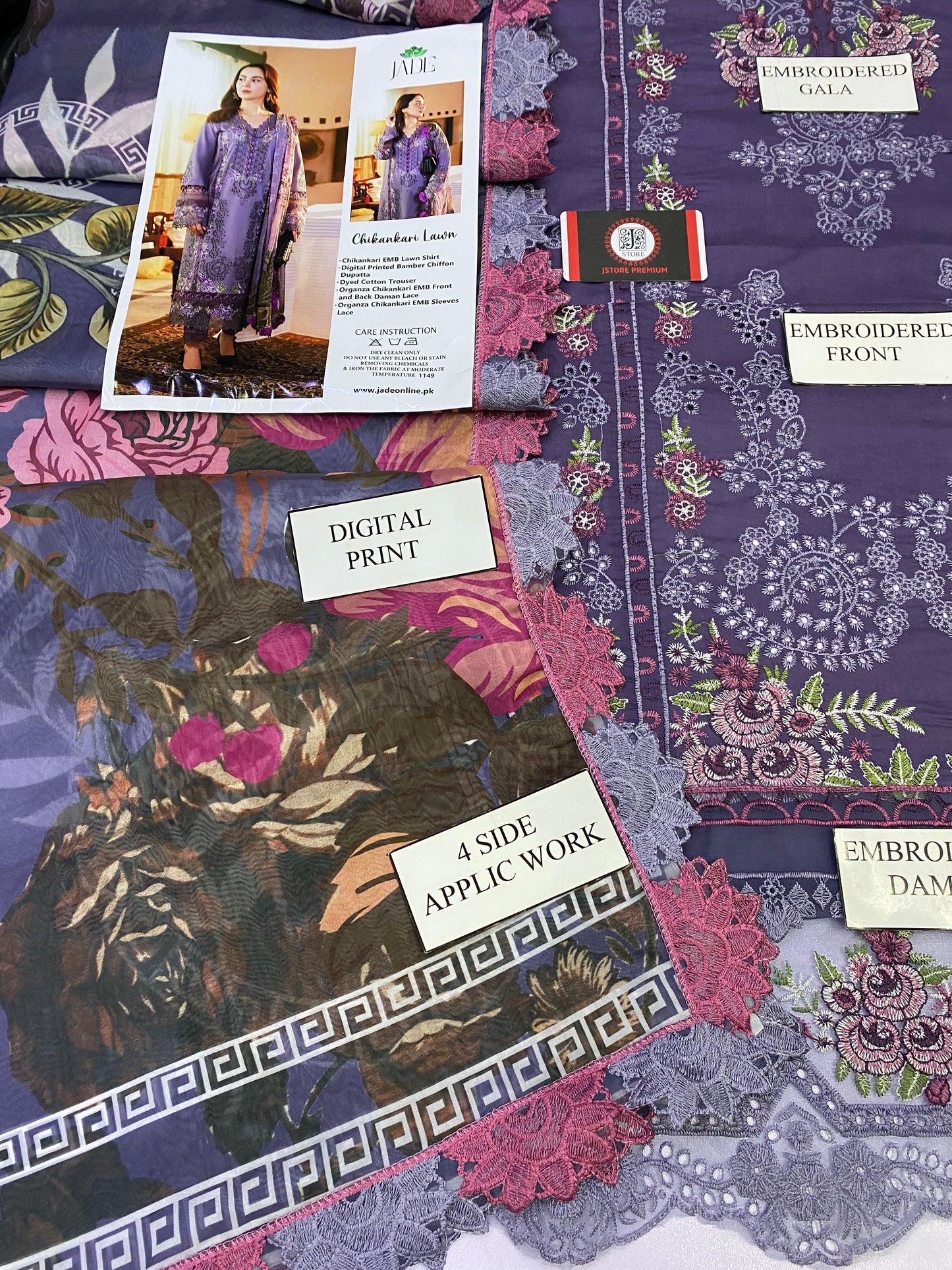 JADE BANAFSHAH CHIKENKARI | EMBROIDED SILK DUPATTA | 3PC UNSTICHED