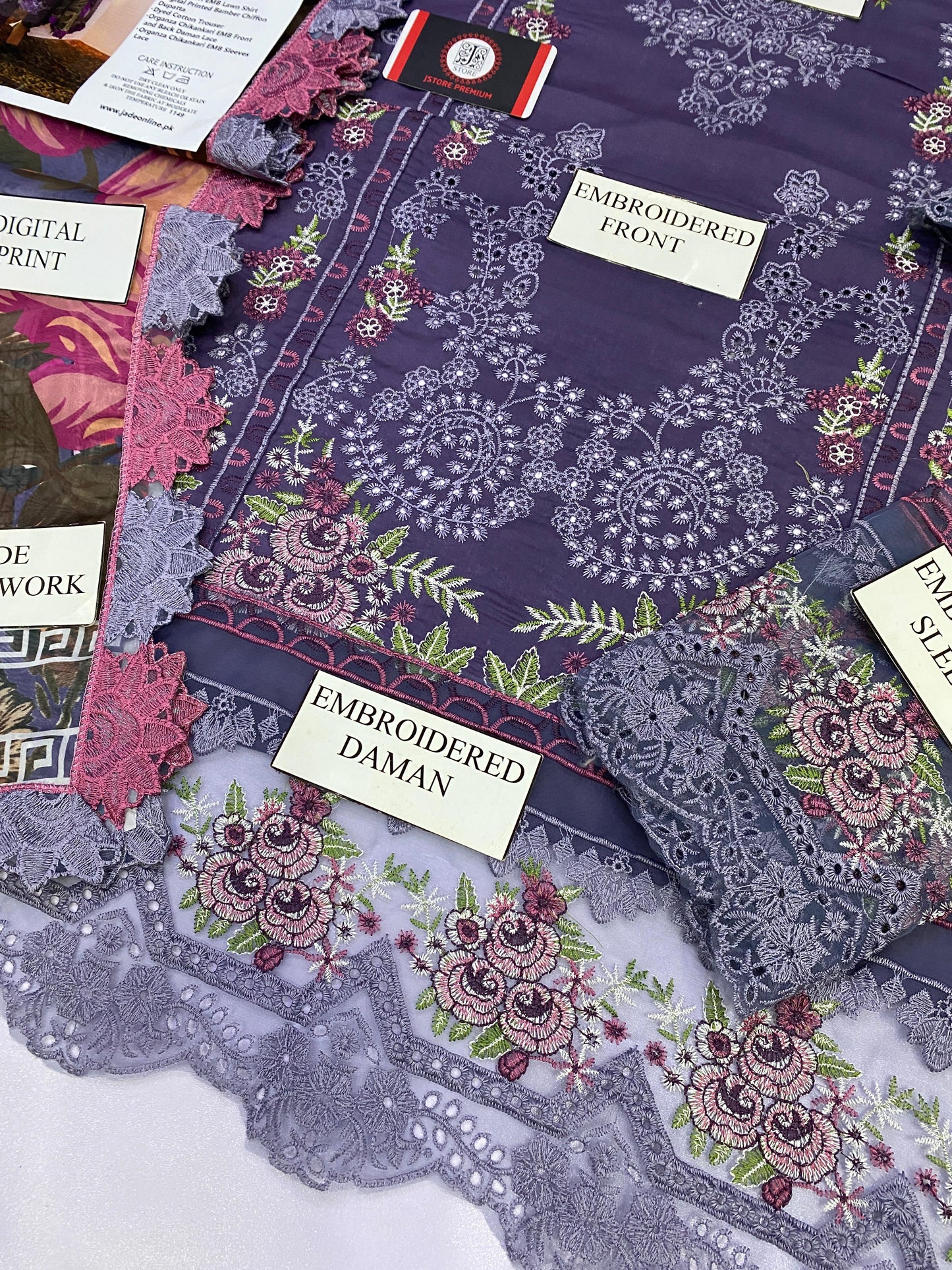 JADE BANAFSHAH CHIKENKARI | EMBROIDED SILK DUPATTA | 3PC UNSTICHED