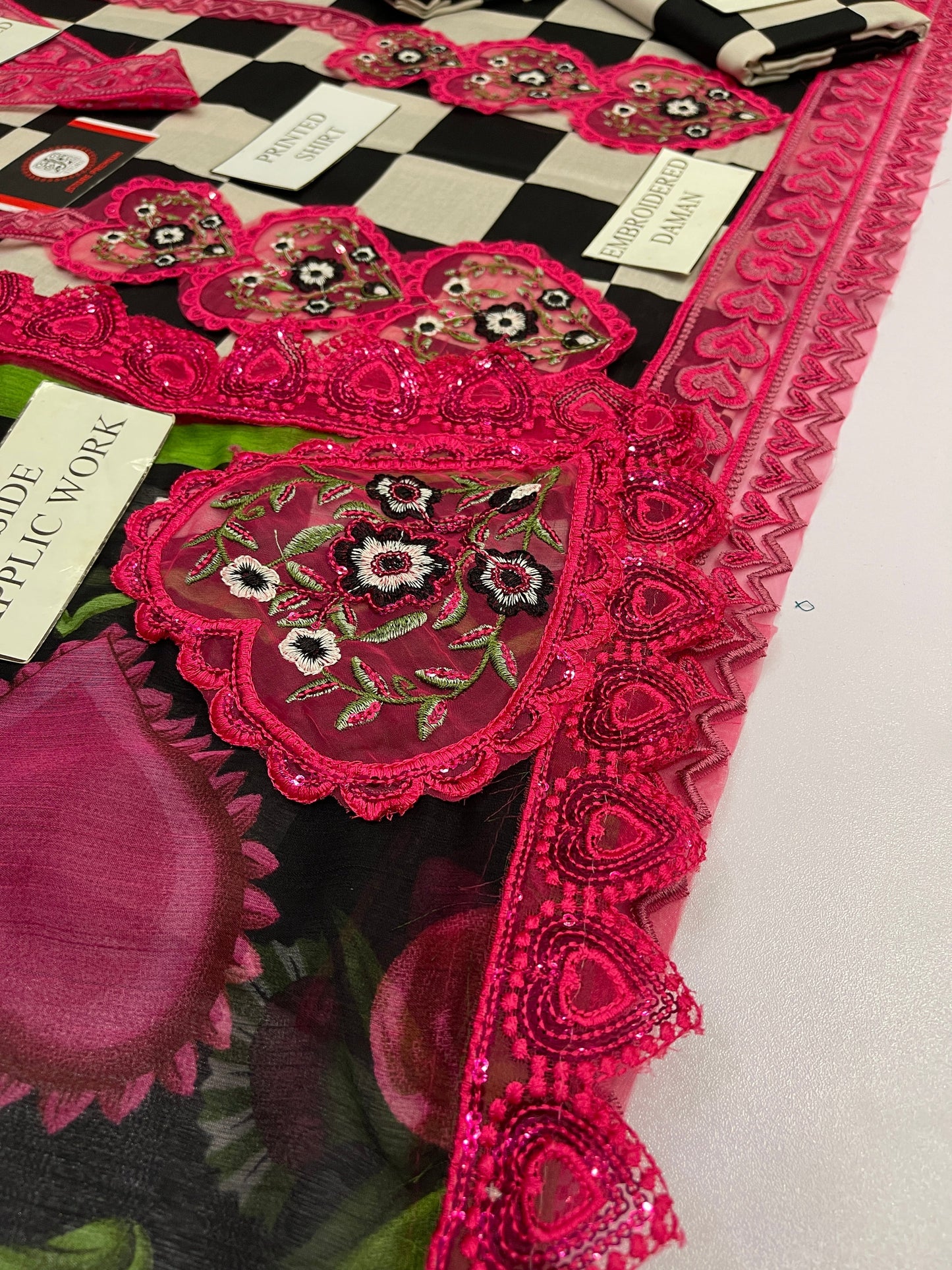 MARIAB PINK HEART |PRINTED LAWN WITH CHIFFON  DUPATTA  |3PC UNSTICHED