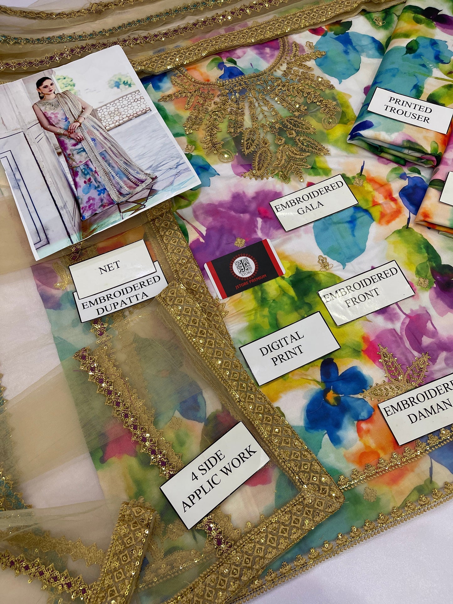 Jazmine | Multi Shade With Heavy Embroidered Net Dupatta | 3pec Unstiched