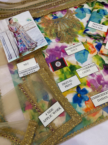 Jazmine | Multi Shade With Heavy Embroidered Net Dupatta | 3pec Unstiched