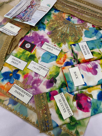 Jazmine | Multi Shade With Heavy Embroidered Net Dupatta | 3pec Unstiched