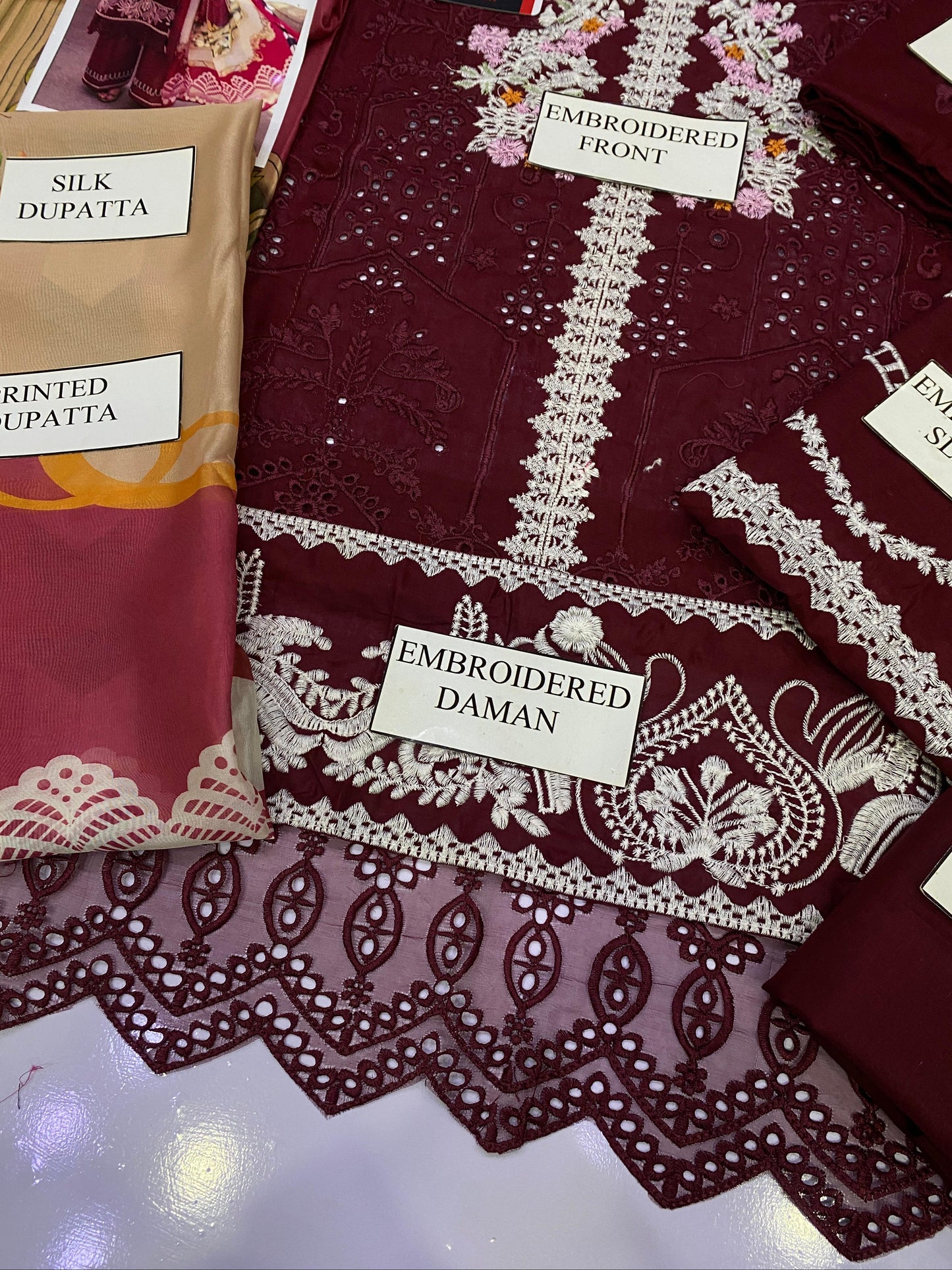 ELAF ROYAL MEHROON CHIKENKARI  |3PC UNSTICHED