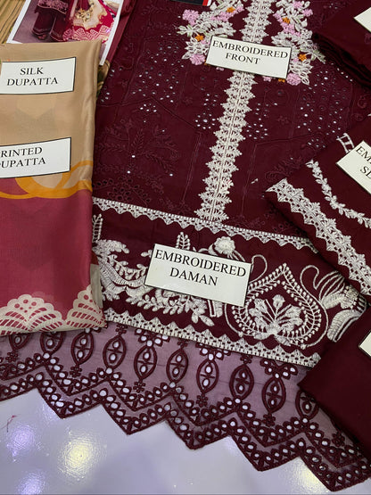 ELAF ROYAL MEHROON CHIKENKARI  |3PC UNSTICHED