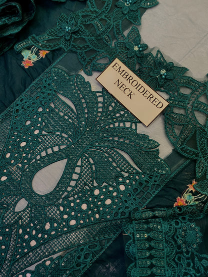 PARISHAY LUXURY CHIKENKARI COLLECTION (HU) WITH SRYLISH KHADDI NET EMBROIDED BORDER DUPATTA  |3PC UNSTICHED