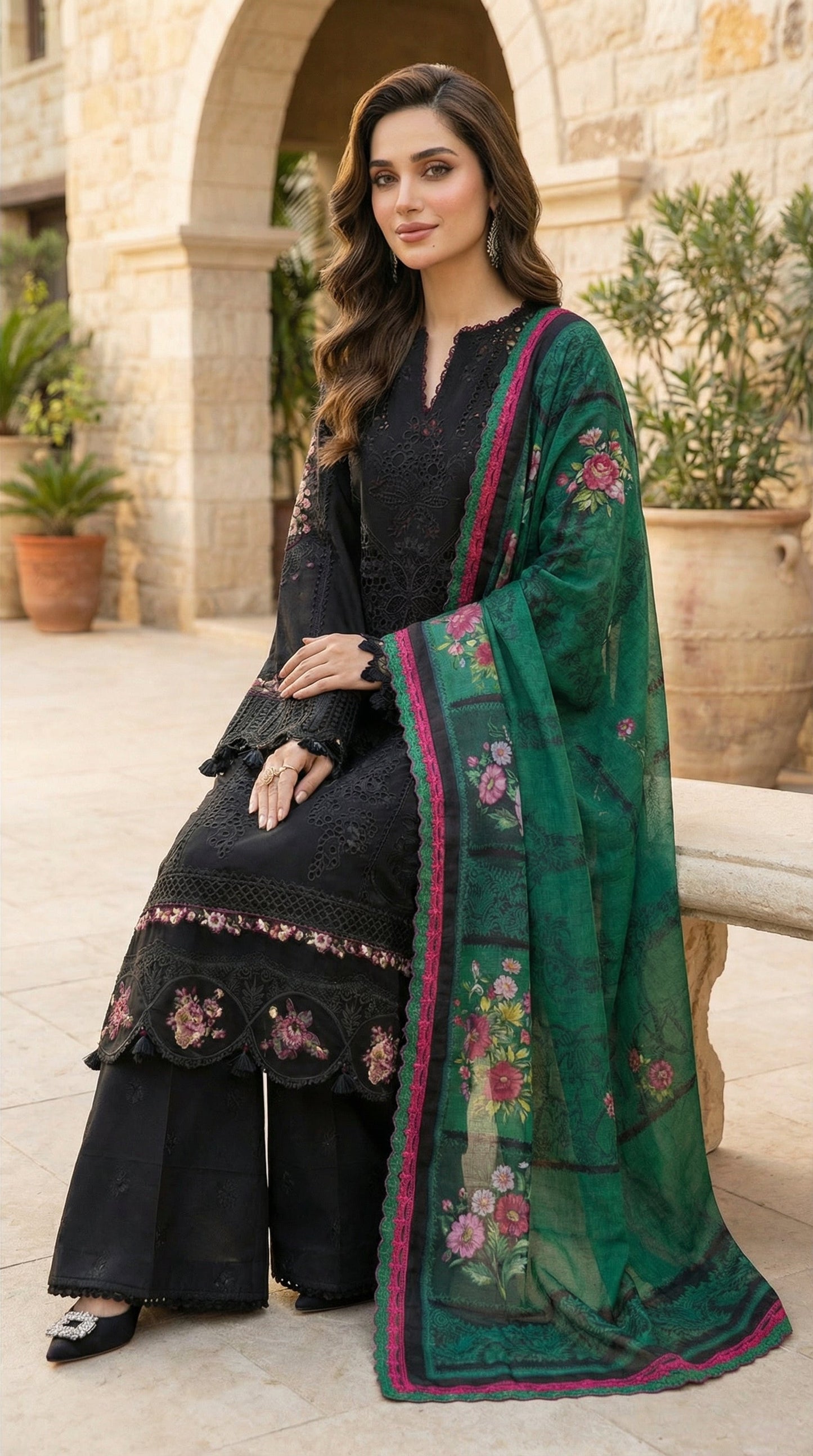 Saira Rizwan | Luxury Chikenkari Lawn Digital Printed Silk Dupatta | 3piece Unstiched
