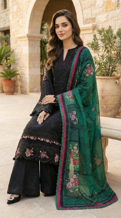 Saira Rizwan | Luxury Chikenkari Lawn Digital Printed Silk Dupatta | 3piece Unstiched