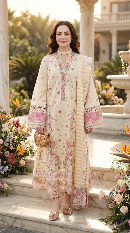Qalamqar | Chikenkari Lawn Embroidery Orgenza Embroided Dupatta | 3pec Unstiched