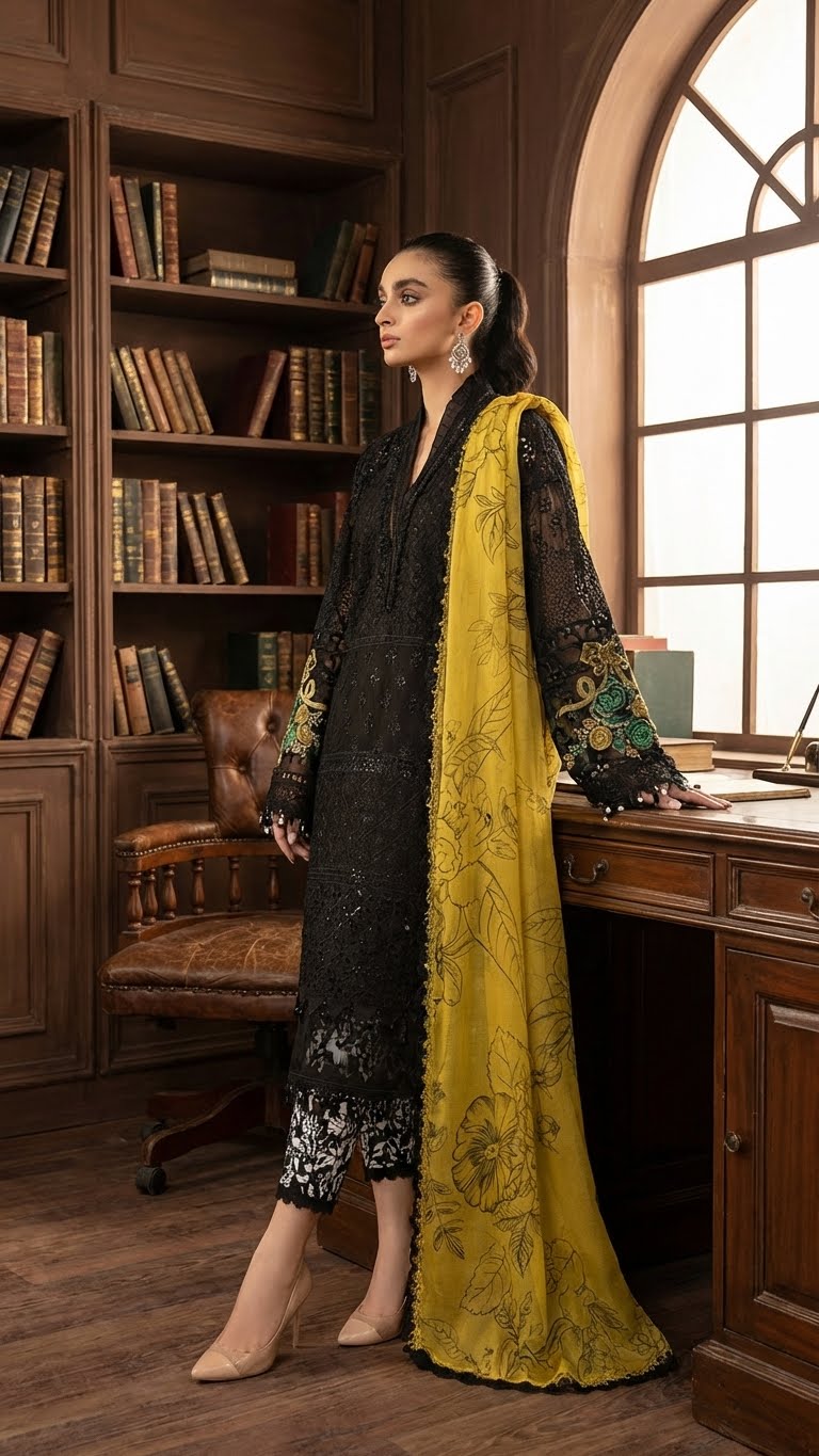 MARIAB  BLACK NOIR AFREEN 3PEC UNSTICHED