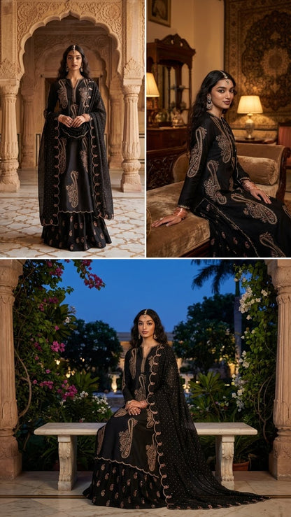 ZARA SHAH JAHAN  IVORY BLOSSOM BLACK 3PEC UNSTICHED