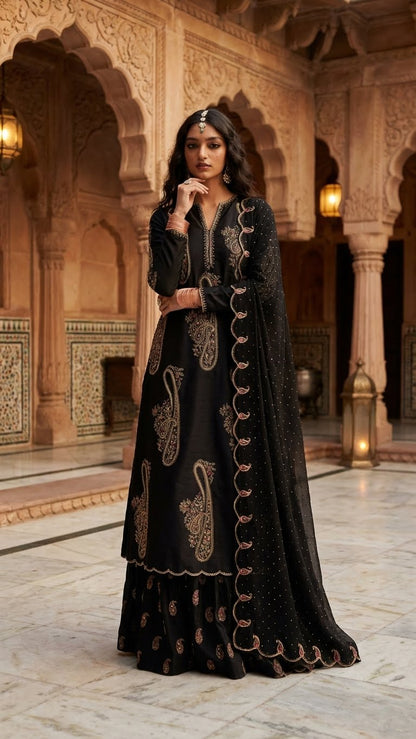 ZARA SHAH JAHAN  IVORY BLOSSOM BLACK 3PEC UNSTICHED