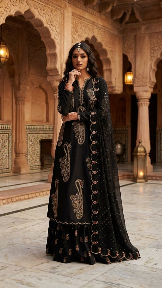 ZARA SHAH JAHAN  IVORY BLOSSOM BLACK 3PEC UNSTICHED