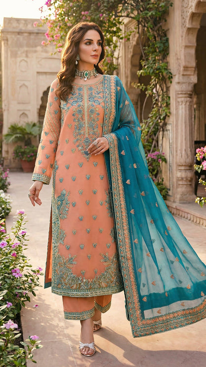 Asim Jofa | Peache Majesty Orgenza Dress 3pec Unstiched