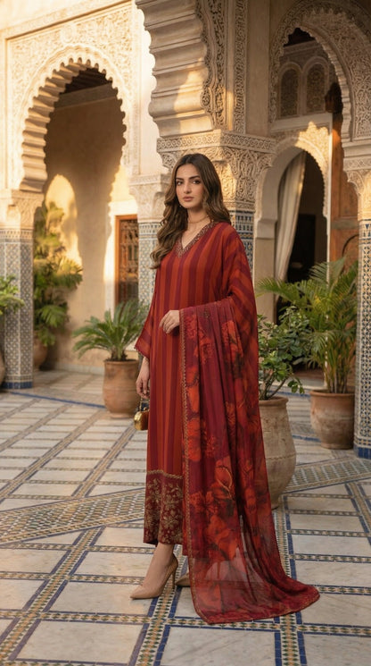 LULUSAR |IMPERIAL RUBY SHAMOOS SILK  |3Pec unstiched