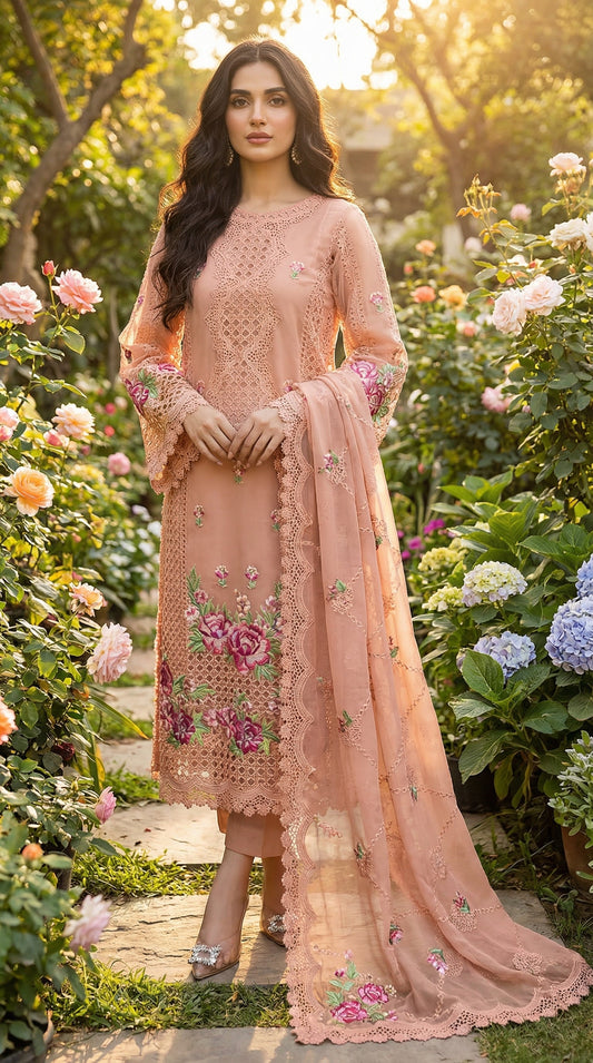 Aneela Premium Organza Embroidered Chikan Kari Dress