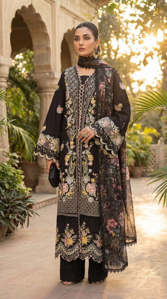 MAHNOOR MIDNIGHT BLOOM | CHIKENKARI   SILK DUPATTA  |3PC UNSTICHED