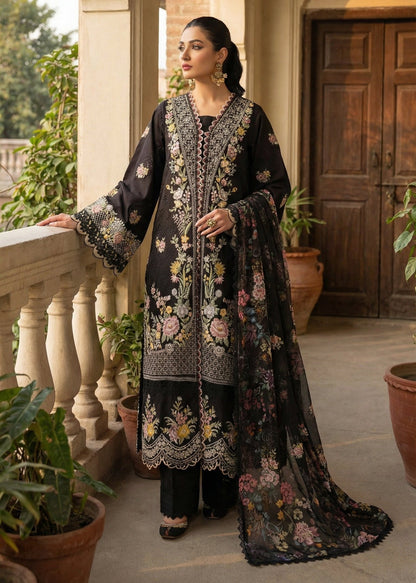 MAHNOOR MIDNIGHT BLOOM | CHIKENKARI   SILK DUPATTA  |3PC UNSTICHED