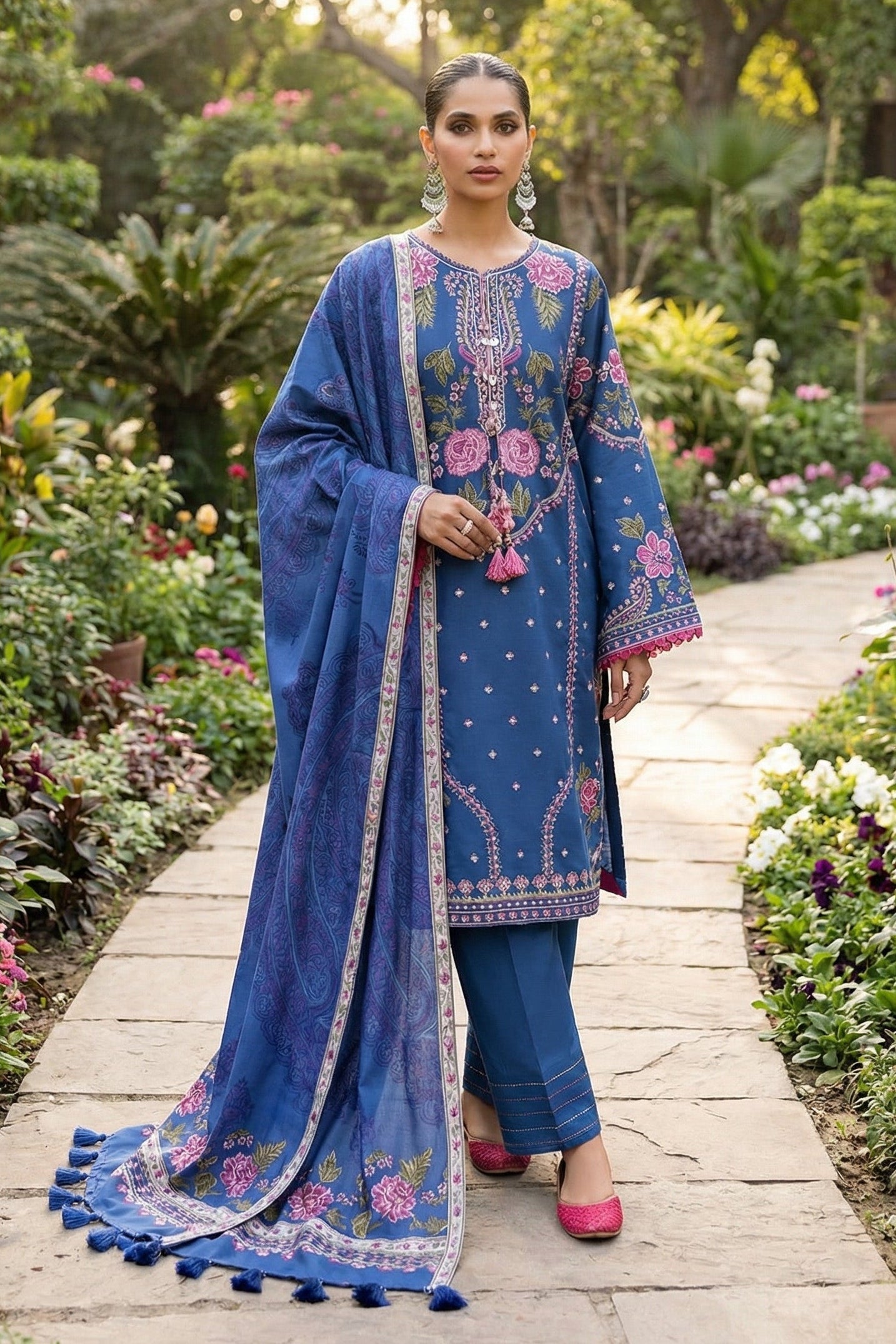 SADAF FAWAD KHAN ROYAL BLUE |LAWN  WITH DIGITAL PRINT SILK DUPATTA  |3PC UNSTICHED