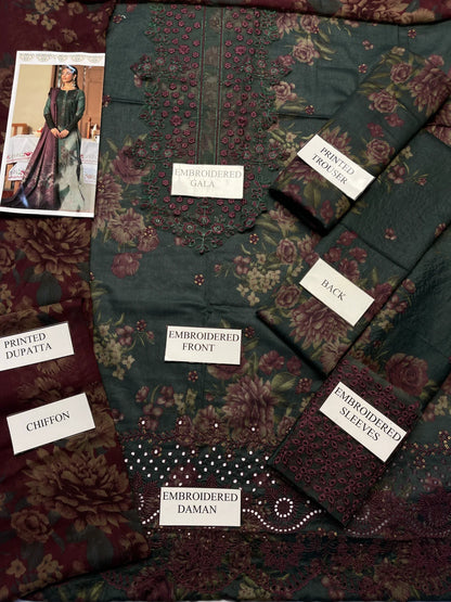 IZNIK | GreenSchiffli Embrpoided Lawn With Chiffon Duptta| 3pc Unstiched