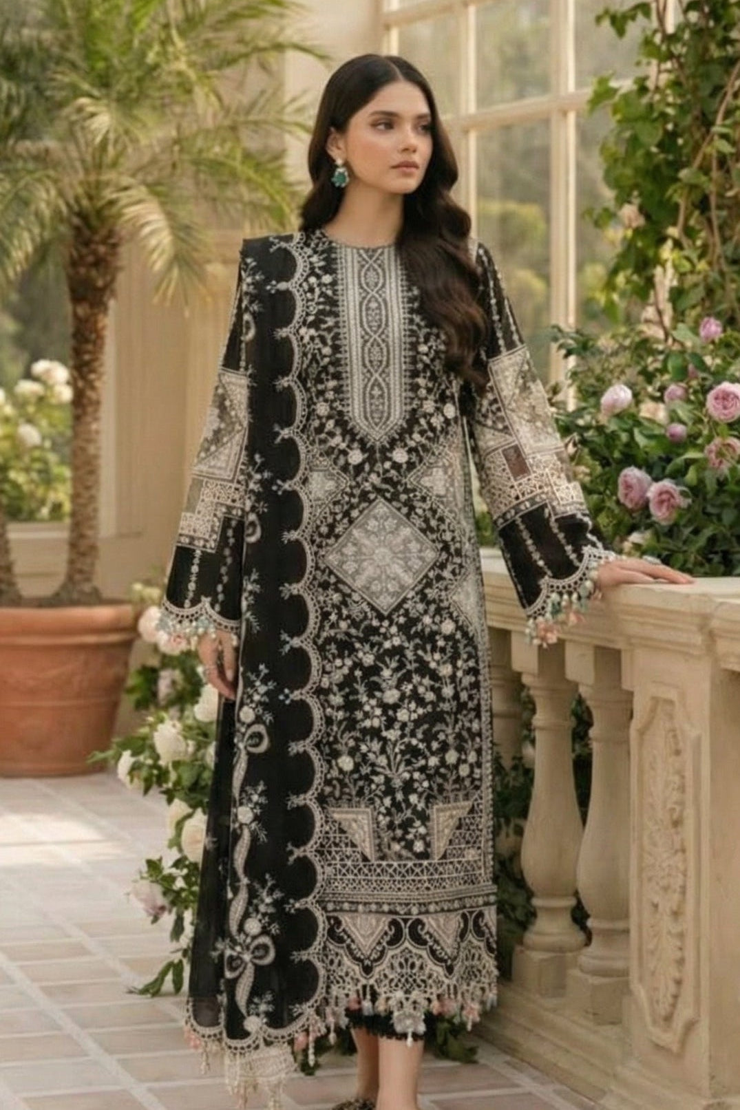 Bin Ilyas | Luxury Chikenkari Lawn Along Chiffon Embroided Dupatta  | 3pc Unstiched