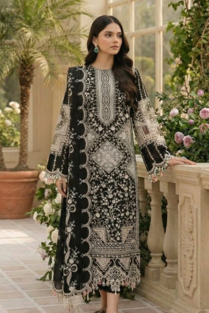 Bin Ilyas | Luxury Chikenkari Lawn Along Chiffon Embroided Dupatta  | 3pc Unstiched