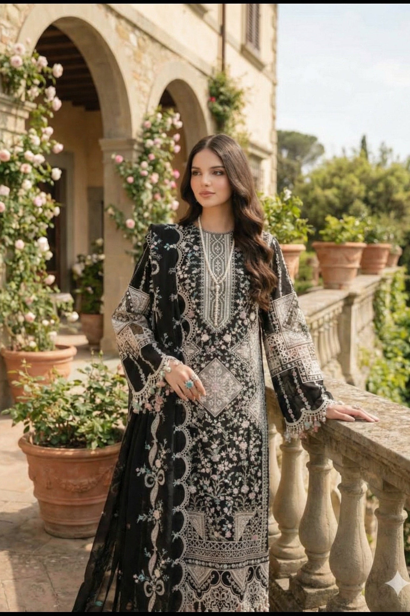 Bin Ilyas | Luxury Chikenkari Lawn Along Chiffon Embroided Dupatta  | 3pc Unstiched