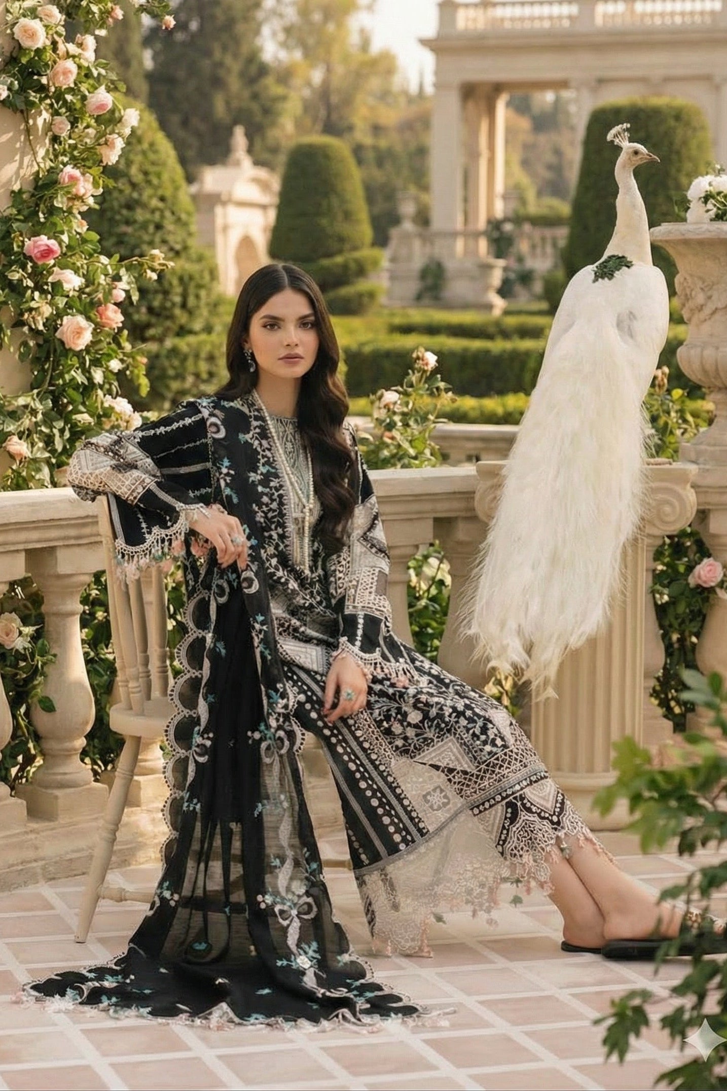 Bin Ilyas | Luxury Chikenkari Lawn Along Chiffon Embroided Dupatta  | 3pc Unstiched
