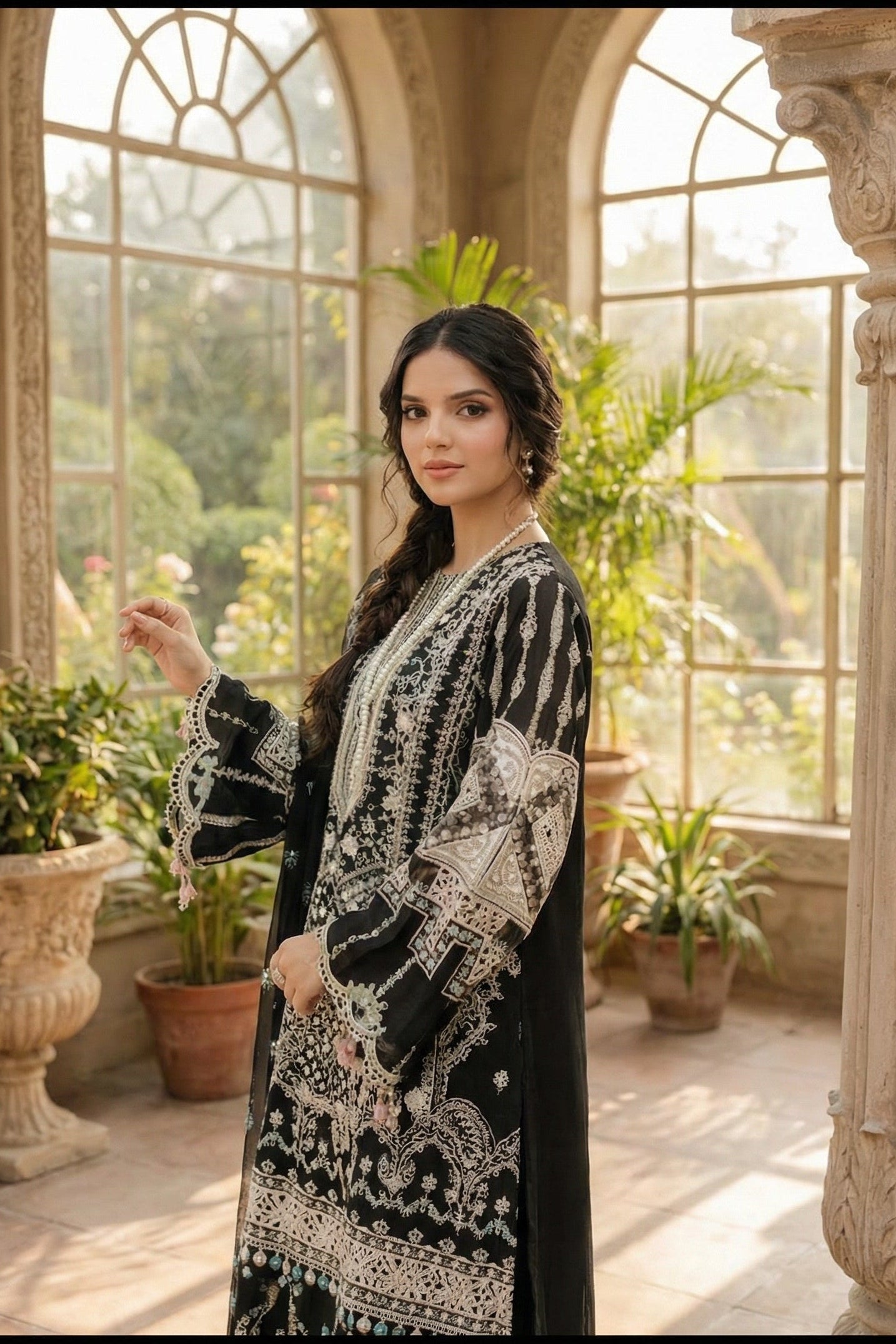 Bin Ilyas | Luxury Chikenkari Lawn Along Chiffon Embroided Dupatta  | 3pc Unstiched