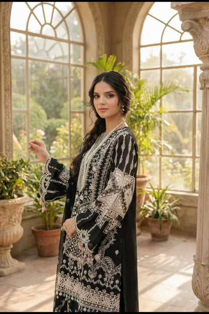 Bin Ilyas | Luxury Chikenkari Lawn Along Chiffon Embroided Dupatta  | 3pc Unstiched