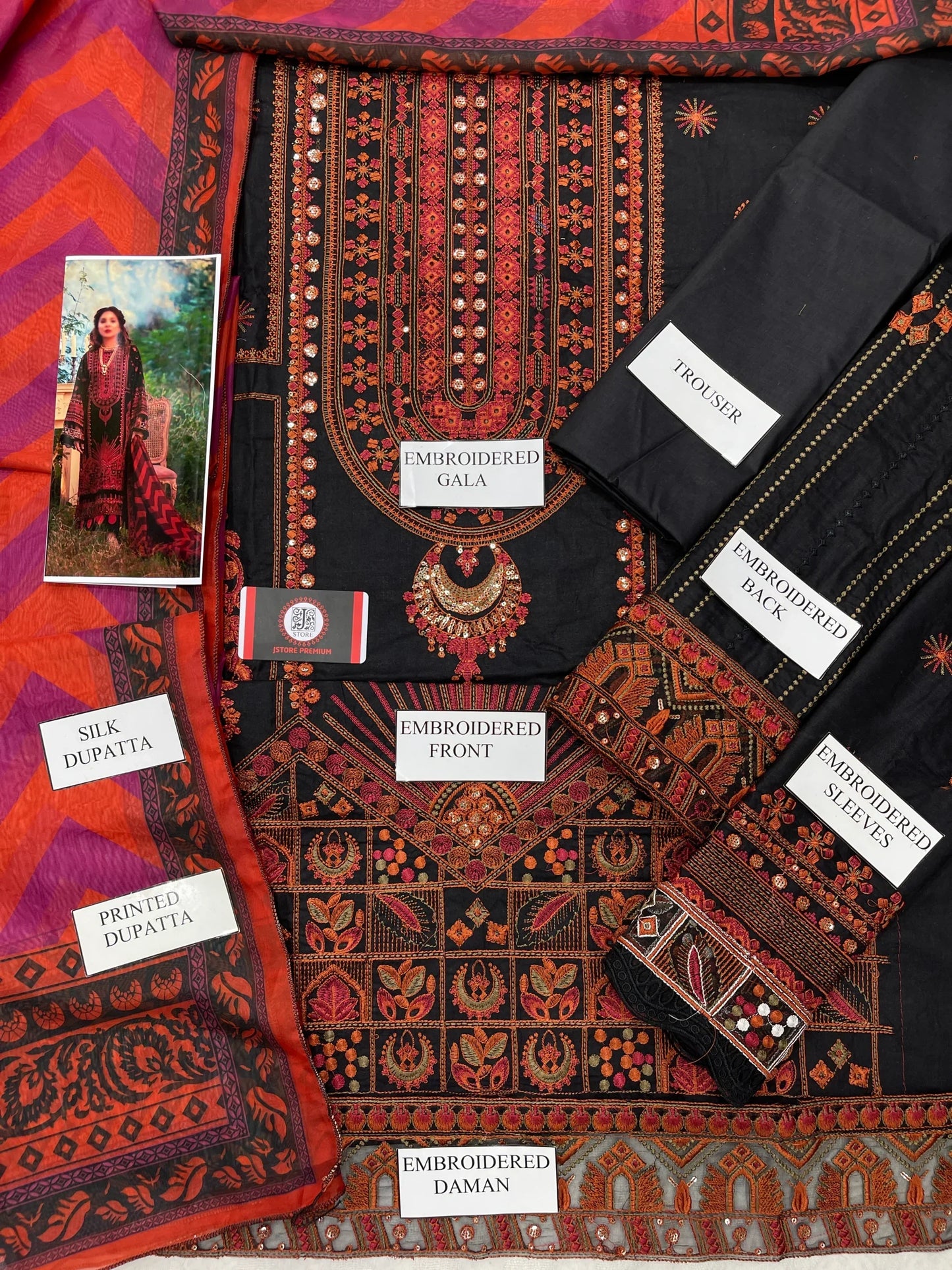 Maryam | Black N Orange Luxury Chikenkari Lawn With Silk Dupatta  | 3pec Unstiched