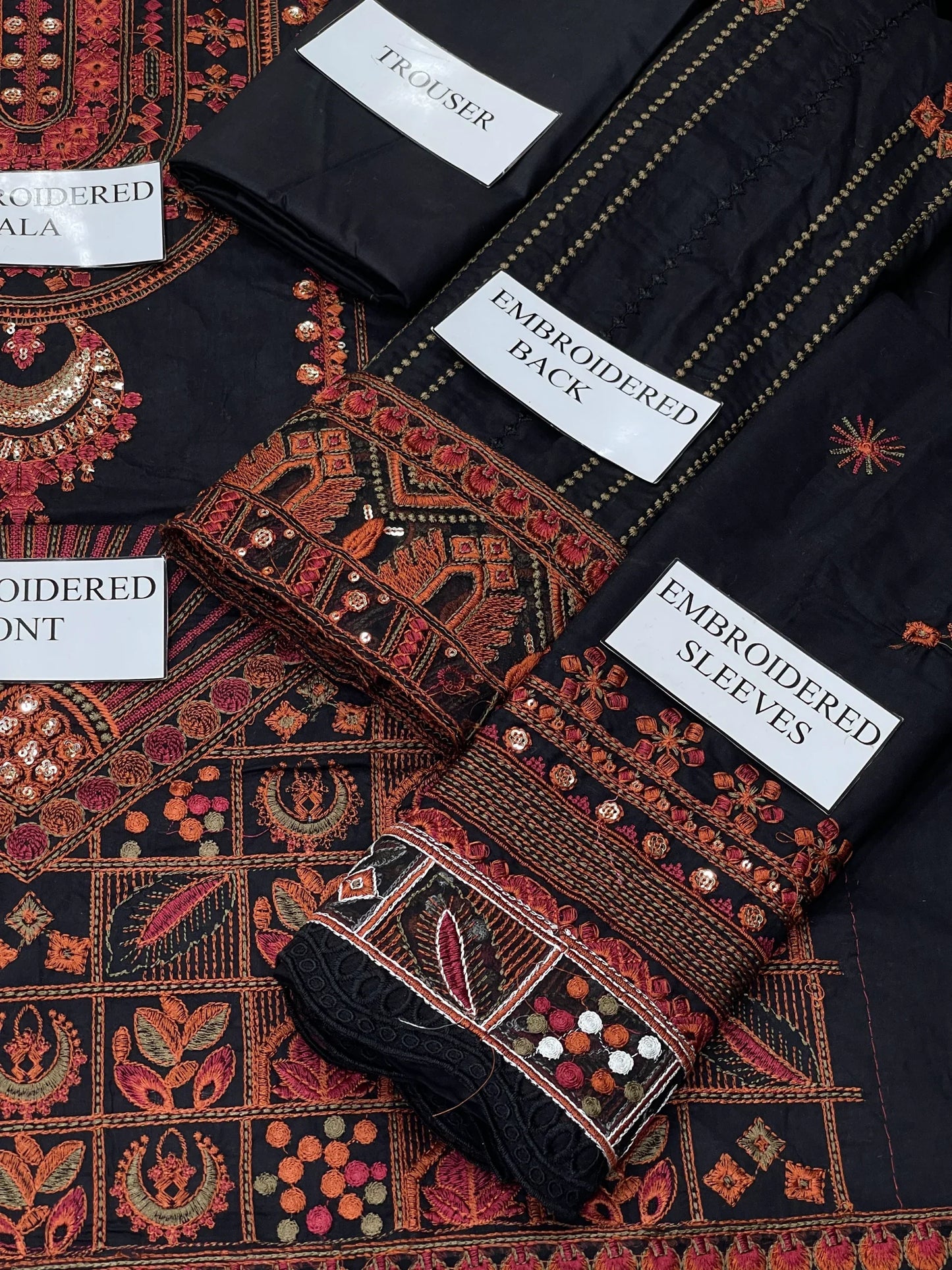 Maryam | Black N Orange Luxury Chikenkari Lawn With Silk Dupatta  | 3pec Unstiched