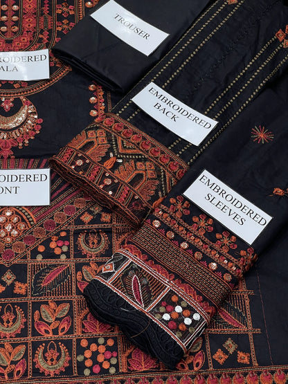 Maryam | Black N Orange Luxury Chikenkari Lawn With Silk Dupatta  | 3pec Unstiched