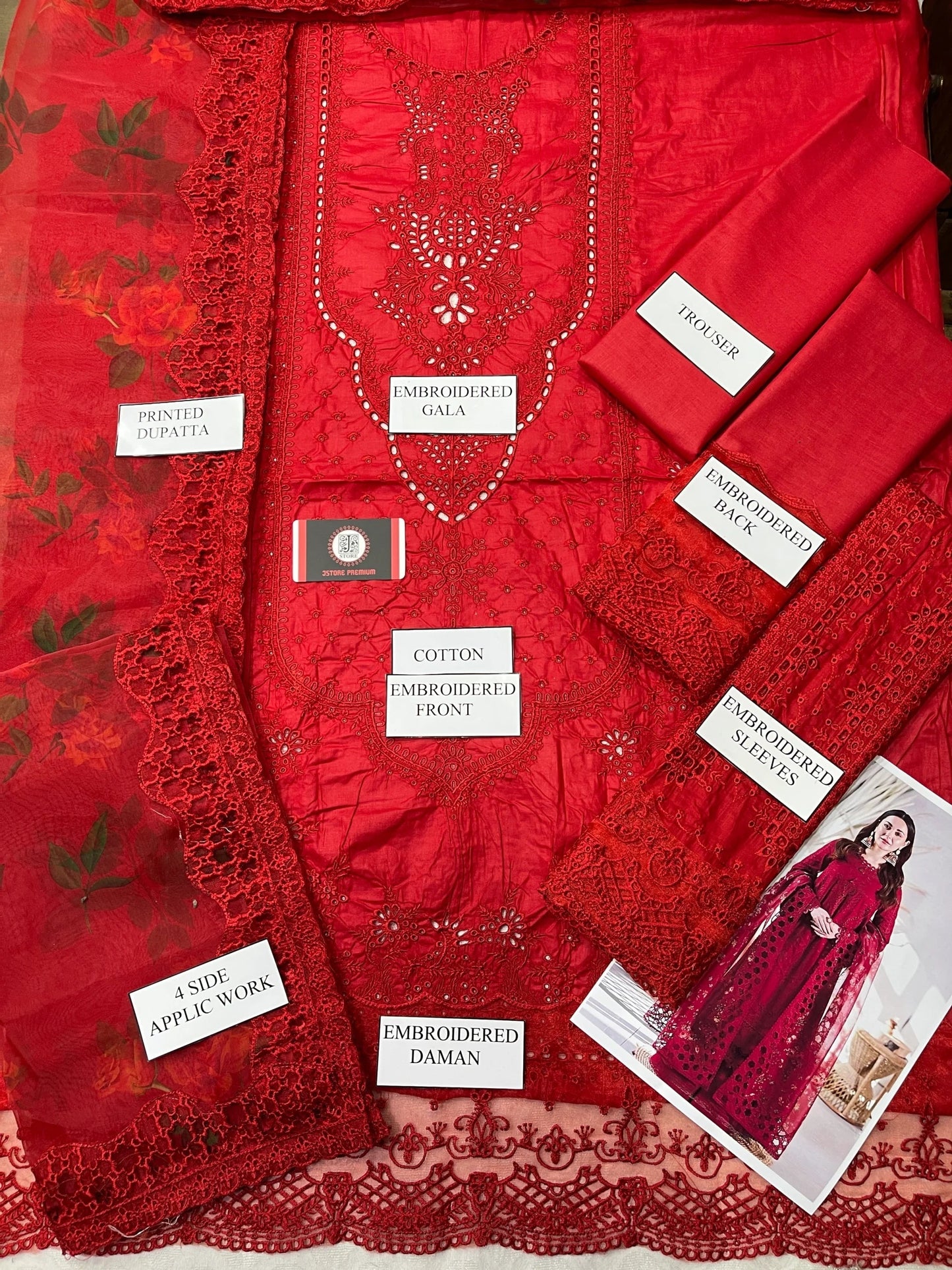 Qalamqaar | Red Chikenkari with Digital Embroidered Dupatta | 3pec Unstiched