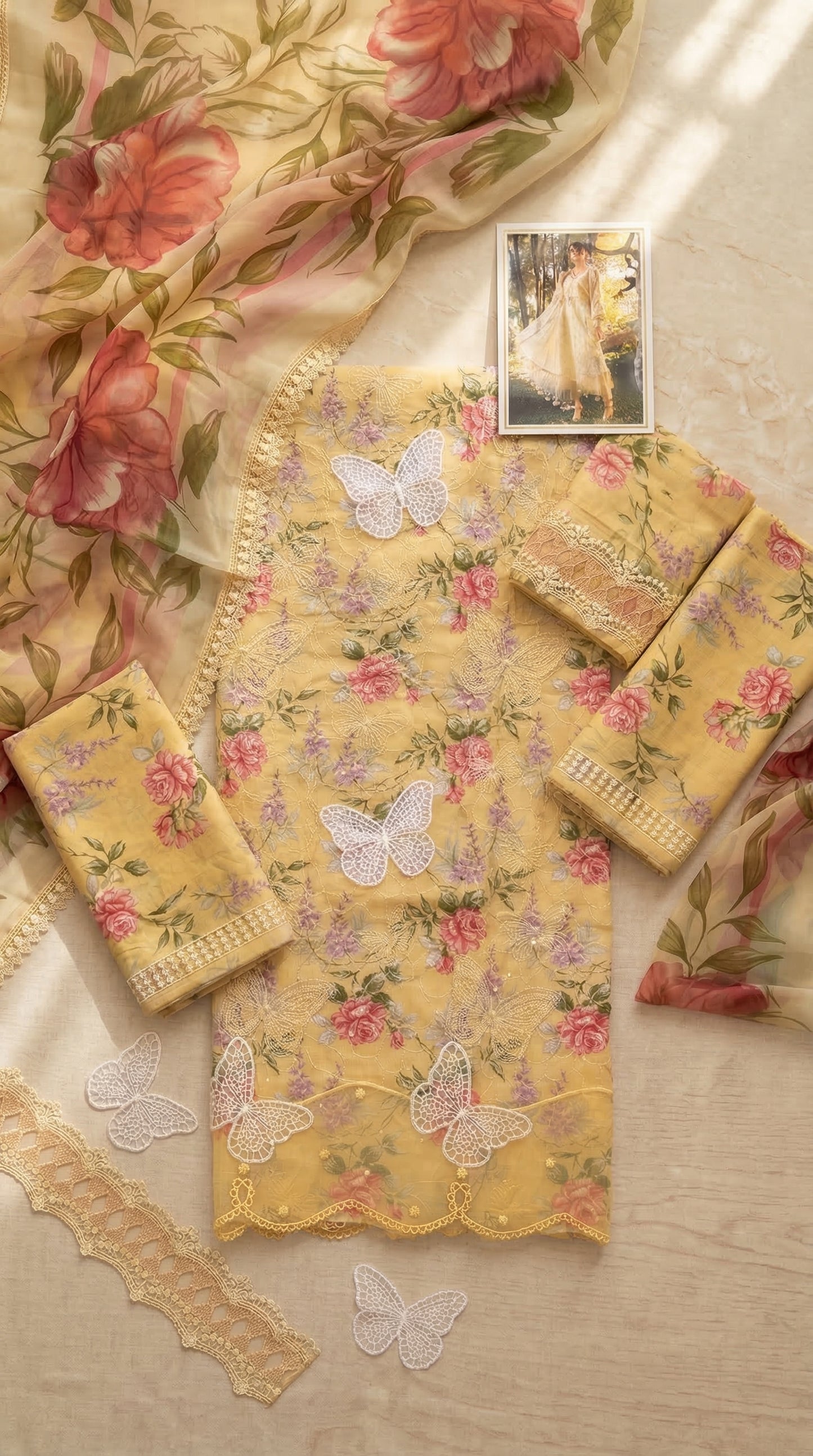 MariaB BUTTERFLY (YELLOW) LAWN CHIKE KARI |3PC UNSTICHED