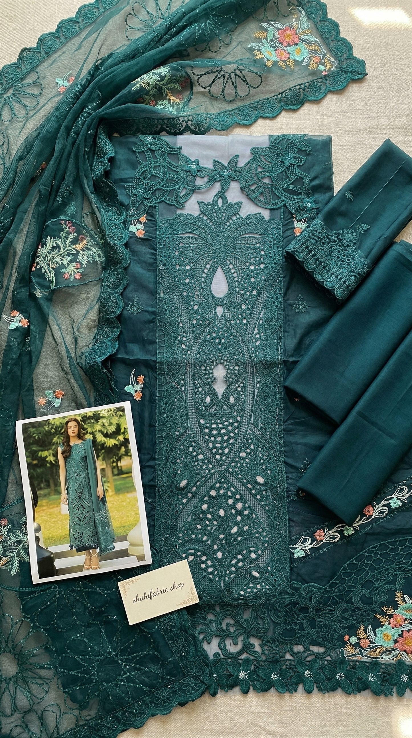 PARISHAY LUXURY CHIKENKARI COLLECTION (HU) WITH SRYLISH KHADDI NET EMBROIDED BORDER DUPATTA  |3PC UNSTICHED