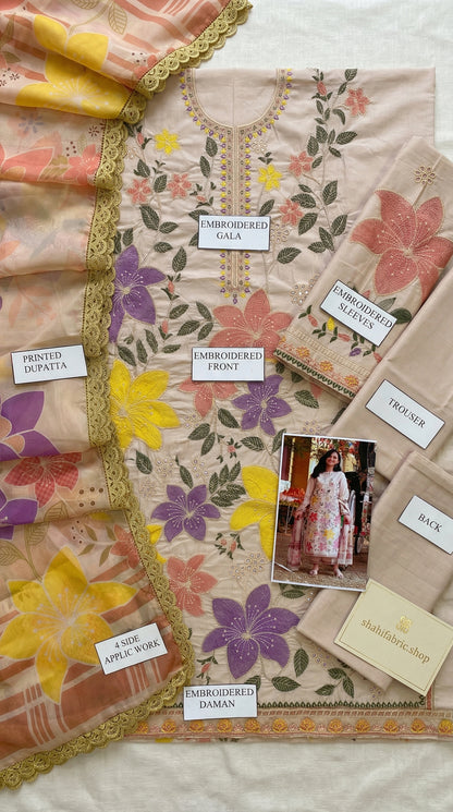 Aneelas  Emborided Lawn Chikenkari With Silk Duppata 3pc Unstiched