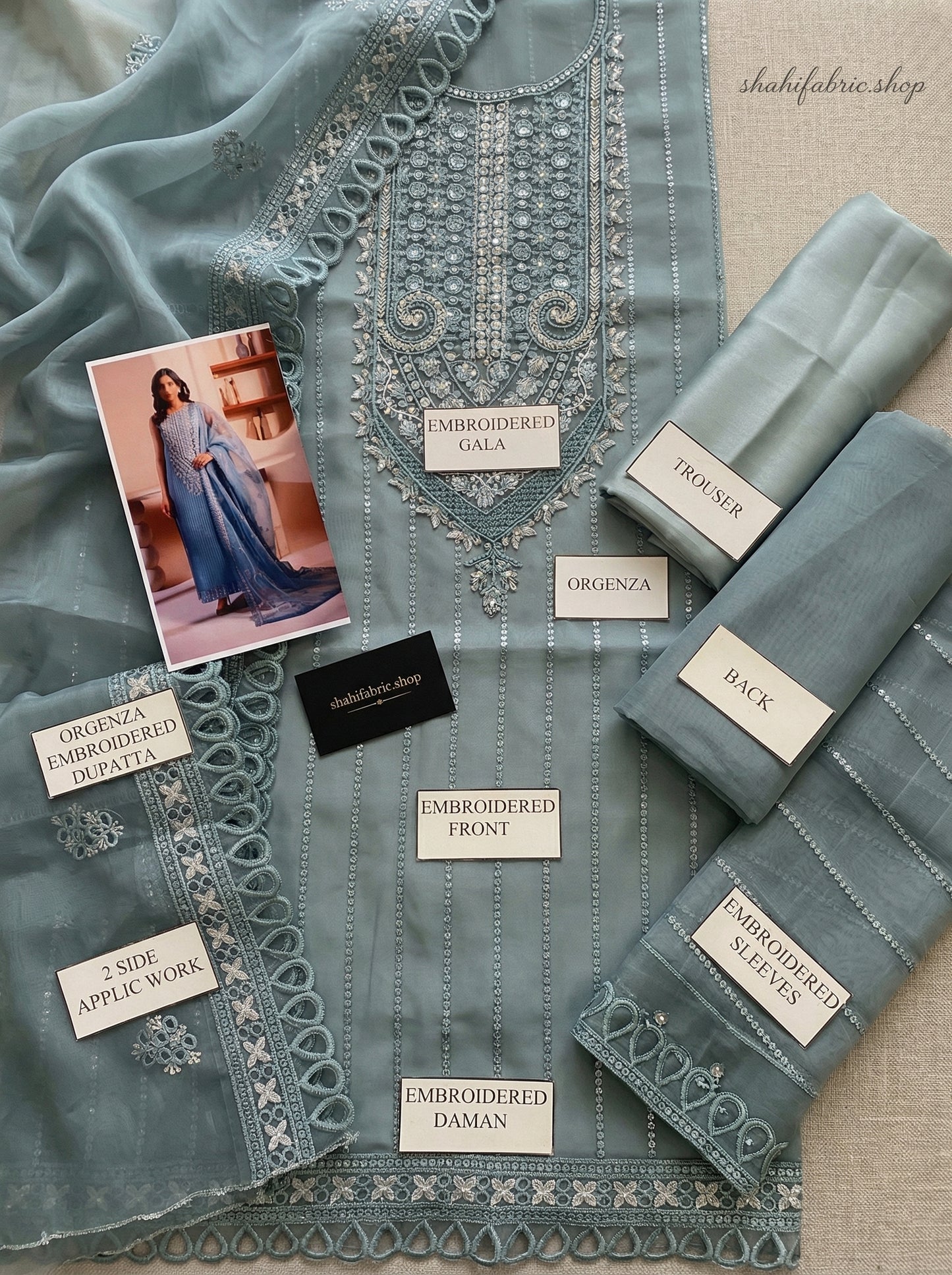 MARYAMS SMOKE GREEN FESTIVE |ORGENZA |3PC UNSTICHED