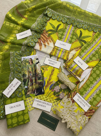MARIAB TULIP |PRINTED LAWN WITH CHIFFON BORDER  DUPATTA  |3PC UNSTICHED