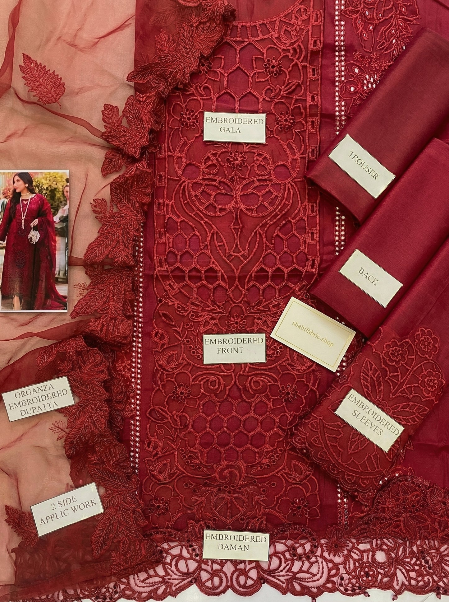 BIN ILYAS| RUBY ROYAL CHIKENKARI WITH ORGENZA EMBROIDED DUPATTA  |3PEC UNsTICHED