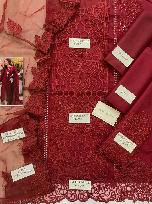 BIN ILYAS| RUBY ROYAL CHIKENKARI WITH ORGENZA EMBROIDED DUPATTA  |3PEC UNsTICHED