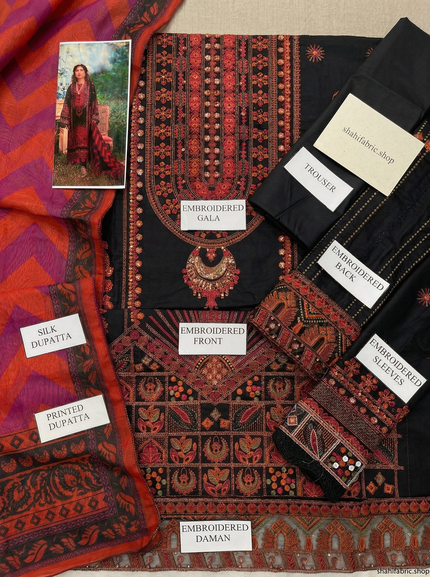 Maryam | Black N Orange Luxury Chikenkari Lawn With Silk Dupatta  | 3pec Unstiched